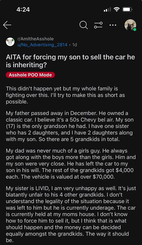 And a recent post on the AITA subreddit just might take the dress drama cake. One man explained to the internet that when his sister got engaged last year, she asked his 17-year-old son to make .... Aita for selling my son&