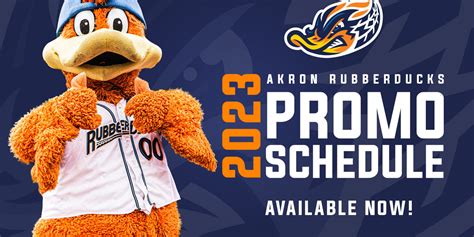 Akron rubber ducks promotional schedule 2023. Feb 12, 2024 · The RubberDucks open the 2024 season at Canal Park on Friday, April 5 at 7:05 p.m. against the Altoona Curve. That night’s postgame fireworks will be the first of 26 fireworks shows during the season. “We are excited to announce the highly anticipated 2024 promotional schedule,” RubberDucks President and General Manager Jim Pfander said. 
