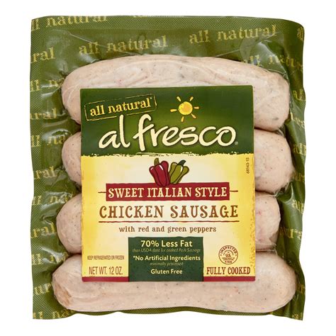 Al fresco chicken sausage. Ingredients. SKINLESS CHICKEN MEAT, DRIED PINEAPPLE (PINEAPPLE, SUGAR, CITRIC ACID), WATER, BROWN SUGAR, UNCURED SMOKED BACON NO NITRATES OR NITRITES ADDED EXCEPT FOR NATURALLY OCCURING NITRATE IN SEA SALT AND CELERY POWDER (PORK, WATER, SEA SALT, SUGAR, CELERY POWDER), … 
