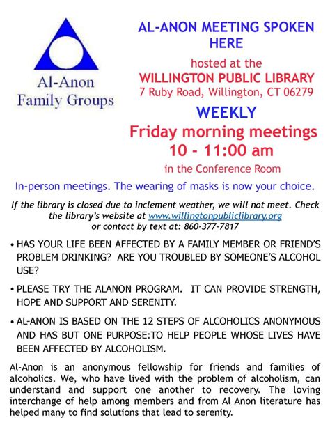 Al-anon meetings in connecticut. Meeting ID: 847 1769 9176. Passcode: 878042. 23.4 miles from the center of Torrington, CT. Caring and Sharing Al Anon Family Group. The Recovery Club. Group is meeting in person and on Free Conference Call (425) 436-6376 ID 795070#. 25.39 miles from the center of Torrington, CT. 