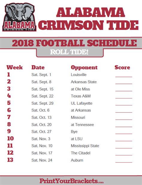 Alabama Football Schedule Printable
