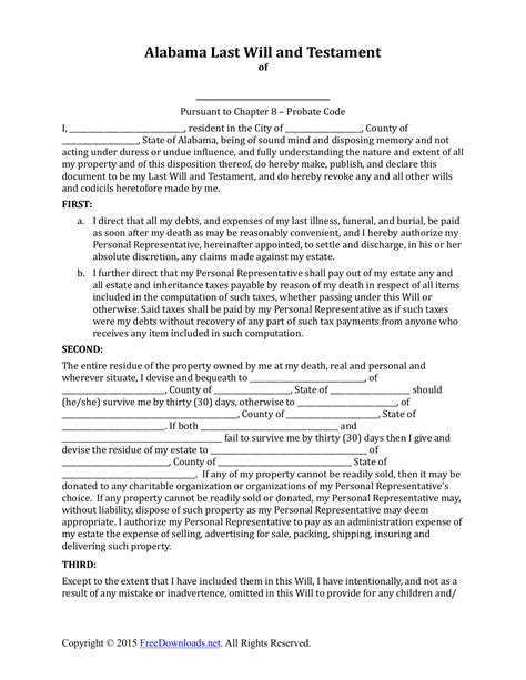 Alabama Last Will and Testament Form Will Forms Will Forms