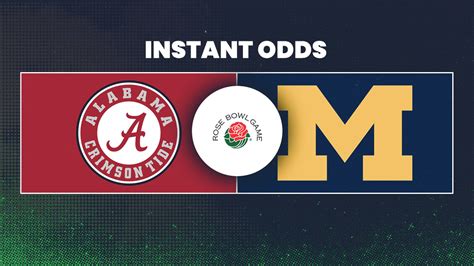 Alabama vs michigan odds. Alabama vs Michigan Odds. ALA @ MICH Odds. Full Game. 1H. 1Q. 2Q. 3Q. 4Q. Spread. Total. Moneyline. Alabama @ Michigan Betting Trends. Bets. Money. … 