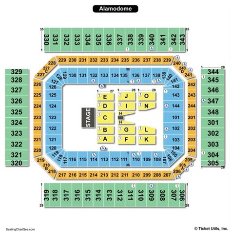 Alamodome seating chart with seat numbers. Plaza Sideline seating is among the most popular at the Alamodome because of its proximity to the field. Prime seating in sections 131-137 and 109-115 are closest to the 50 yard-line and the most expensive seats in the Plaza level. The home team sideline is in front of sections 111-113, while the visitors sideline is in front of 133-135. 