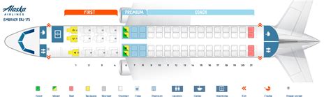 This diagram shows the seat map for our Embraer 175 aircraft. Our Boeing Embraer 175 aircraft have two cabins: First Class, and Main Cabin. The First Class cabin has 12 seats in rows 1-4 of the plane. As you board the plane, the First Class seats are lettered, from left to right, D and C, the aisle, then A.