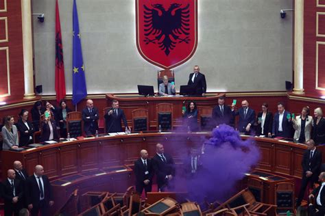 Albania’s opposition tries to disrupt a parliament session in protest against ruling Socialists