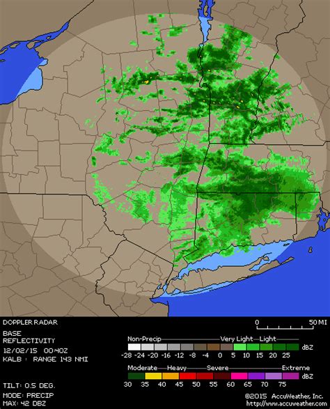 Rainfall Storm Total Doppler Radar for Albany NY, providing current static map of storm severity from precipitation levels. View other Albany NY radar models including Long Range, Base, Composite, Storm Motion, Base Velocity, and 1 Hour Total; with the option of viewing animated radar loops in dBZ and Vcp measurements, for surrounding areas of Albany and overall Albany county, New York.. 