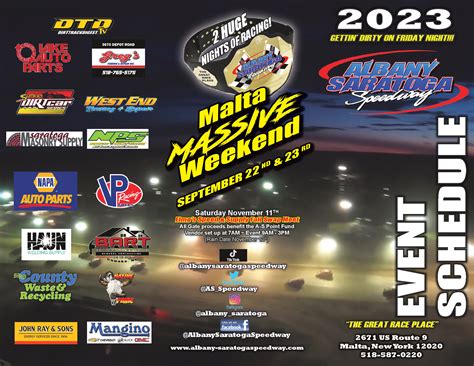 Albany-Saratoga Speedway is a 4/10 mile dirt stock car race track with a long and storied history in the Capital District region of New York. ... 2023 EVENT SCHEDULE ...