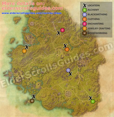 Survey report map locations in Rivenspire zone are indicated on the map below: “X” marks the exact location of each survey report. “A” indicates Alchemy, “B” is for Blacksmithing, “C” for Clothing, “E” for Enchanting, …. 