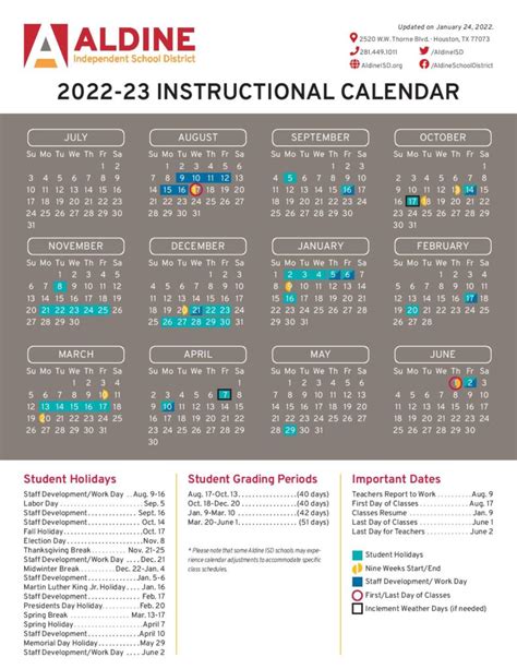 Aldine calendar 2022-23. Contents Aldine Independent School District Holiday Calendar 2023-2024 To get the latest holiday calendar, visit Aldine Independent School District website at https://www.aldineisd.org/ to see the 2022-2023 holidays. This page will be updated with any revised version of the school calendar once changes are made. 