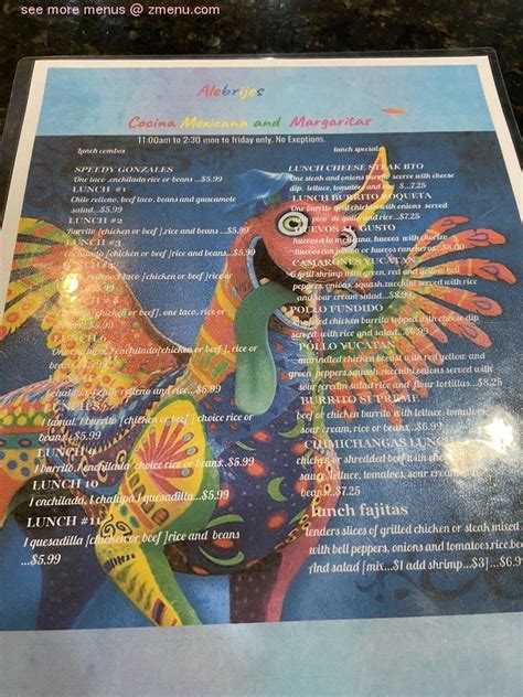 03/21/2024 - MenuPix User. 02/01/2024 - MenuPix User. View the menu for Alebrije Mexican Restaurant and restaurants in Reading, PA. See restaurant menus, reviews, ratings, phone number, address, hours, photos and maps.. 