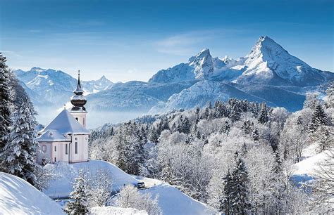 Alemania, iglesia, 8k, alpes bávaros, paisaje de invierno, Fondo …