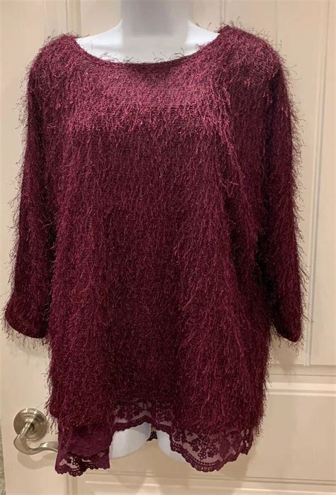 Alfani Wine Sequin Eyelash Loose Fit Top Batwing Womens Sweater …