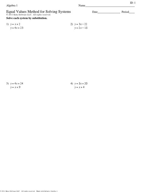 Algebra 1 Equal Values Method For Solving Systems PDF Algebra