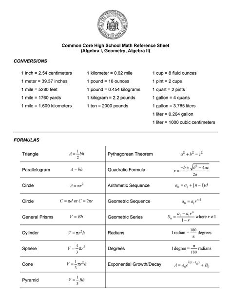 Algebra 1 Regents Formula Sheet Trigonometry Regents Reference Table