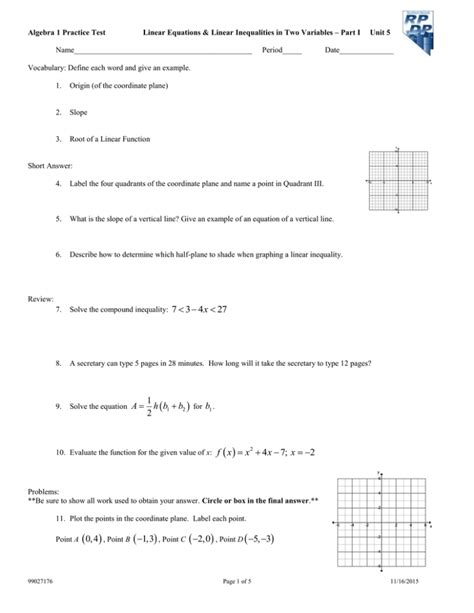 Algebra 1 Unit 5 Test Answer Key