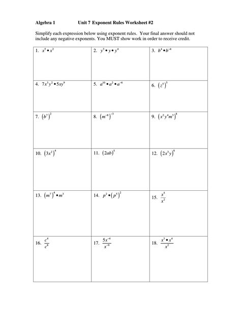 Algebra 1 Unit 7 Exponent Rules Worksheet 2 Simplify Each Math