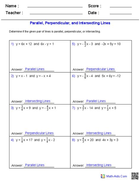 Algebra 1 Worksheet 36 Parallel And Perpendicular Lines Answers