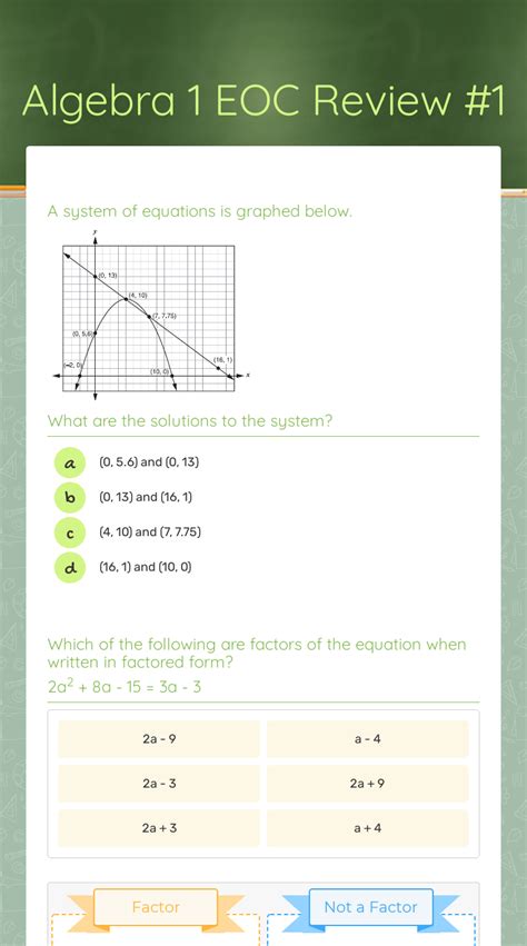 Exam Content. The Algebra EOC Practice Test consists of 50 multiple-choice questions and has a 90-minute time limit. The questions are divided into four sections, each covering a different topic in algebra: section 1 covers linear equations and inequalities, section 2 covers quadratic equations, section 3 covers functions, and section 4 covers systems of equations.