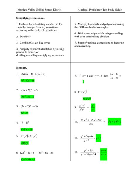 Algebra 1 proficiency test.  It includes the item type, the content stand...