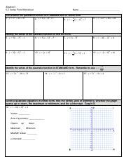 Algebra 2 5.2 Vertex Form Worksheet