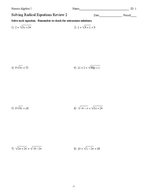 Algebra 2 Radical Equations Worksheet Solving Methods and Practice