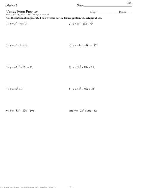 Algebra 2 Vertex Form Practice