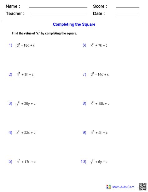 Algebra 2 Worksheets Quadratic Functions and Inequalities Worksheets