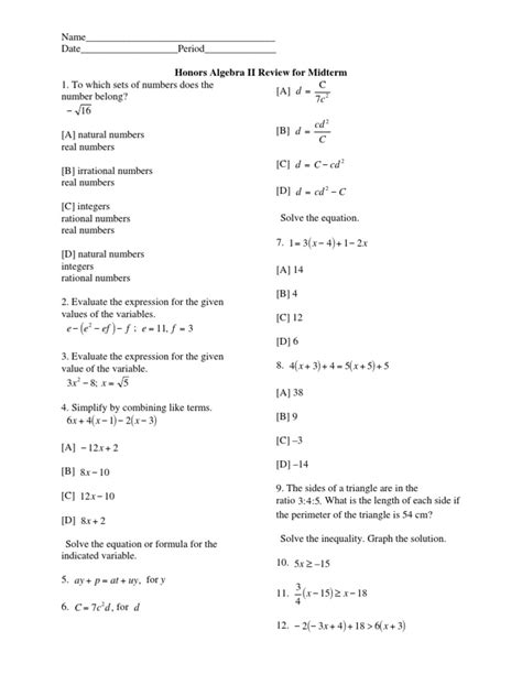 Algebra 2 midterm practice test.  Ideal for practice, review, and asse...