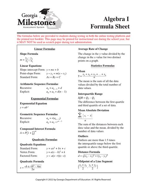 Algebra I Math Formula Sheet
