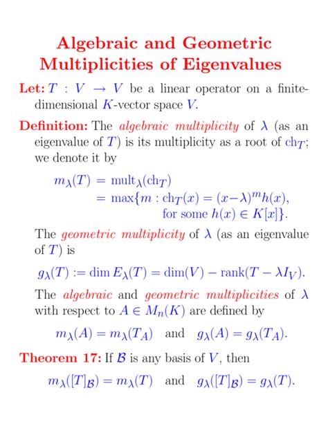 Algebraic and geometric multiplicity of eigenvalues - Statlect