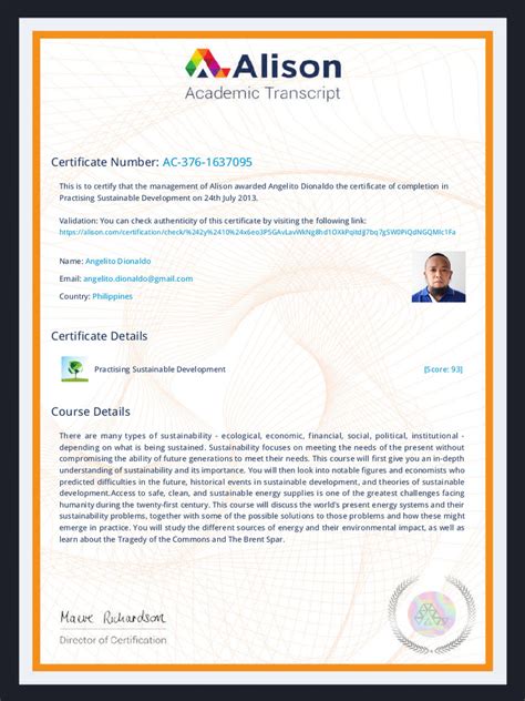 Alison Certificate Transcript Practising Sustainable Development PDF