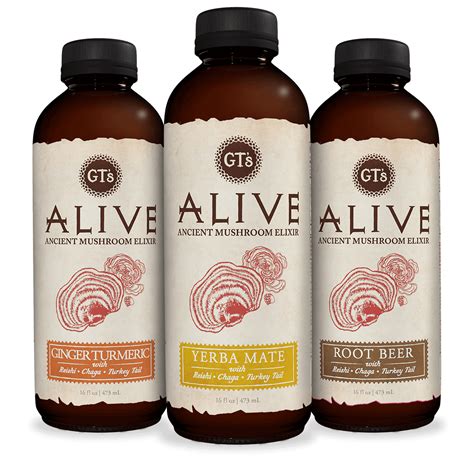 Alive ancient mushroom elixir. 4.99$. Save 0.30$. With its invigorating lemon and lime aromas, GT's Alive is an ancient mushroom elixir with lemon and lime flavours. This healthy adaptogenic beverage combines reishi, chaga and turkey tail for maximum benefits. Vendor: GT'S. SKU: 72243016023. Format: 480 ml. 