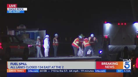 All lanes closed after semi-truck collides with metal pipe on 134 freeway, spills fuel 