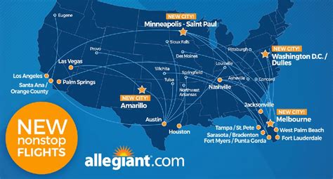 Allegiant airports map. Savannah, GA / Hilton Head, SC show details. Tampa / St. Pete, FL show details. Washington D.C. / Baltimore, MD show details. West Palm Beach, FL show details. Allegiant offers the cheapest airfare with flights to over 100 US airports. Use the route map to view nonstop flights with the lowest flight prices. 