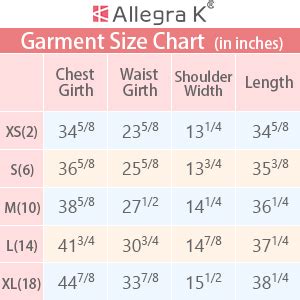 Step 2: Find Your Size. Use the chart below to determine your size. If you’re on the borderline between two sizes, order the smaller size for a tighter fit or the larger size for a looser fit. If your measurements for bust and waist correspond to two different suggested sizes, order the size indicated by your bust measurement.. Allegra k size chart