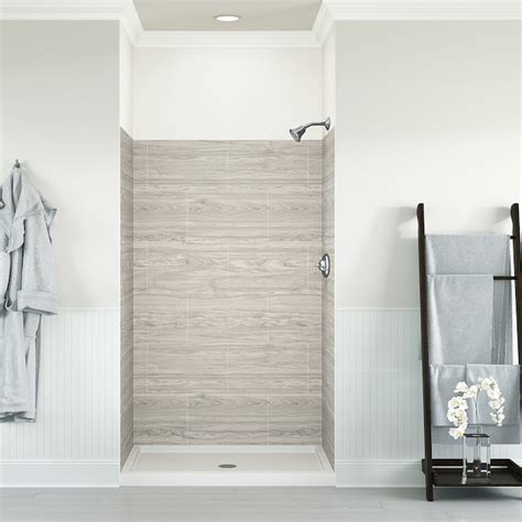 Description. 48″ W x 34″ D x 78″ H. 9-Panel Shower Wall System. Waterproof and high resistance to impact and chemicals. Can be installed over waterproof backer board or even tile. A Grout-Free Solution, allowing you to have the look of tile without the messy clean-up. Walls can be cut to fit bathtub configuration. Side panels are designed ...