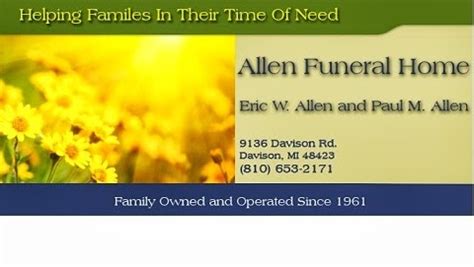 View Obituaries Allen Funeral Home Dale J. Thompson. January 7, 1964 - December 17, 2020 ... Guestbook. Condolences. Share: THOMPSON, Dale J. - of Davison, MI, age 56, passed away Thursday, December 17, 2020. Cremation has taken place. A Memorial Service will be held on a later date. ... Allen Funeral Home 9136 Davison Road Davison, MI 48423 ...