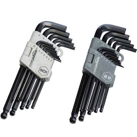 Long arm/short arm design offers extended reach on one end and extra leverage on the other. Snap-in carry case holds wrenches securely in place. Easy-to-read sizes marked on case for fast wrench selection. 6-pc. jumbo hex key wrenches: 8, 10, 12, 14, 17, 19 mm. Includes storage tray.