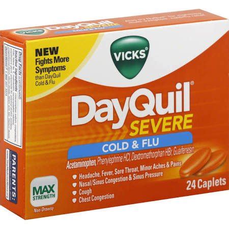Allergic reaction to dayquil. dextromethorphan food. Applies to: Vicks DayQuil Severe Cold & Flu (acetaminophen / dextromethorphan / guaifenesin / phenylephrine) Alcohol can increase the nervous system side effects of dextromethorphan such as dizziness, drowsiness, and difficulty concentrating. Some people may also experience impairment in thinking and judgment. 