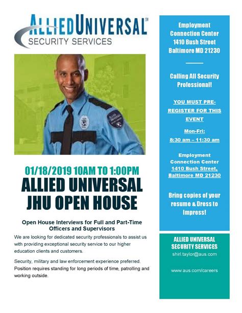 Allied universal hiring event. Allied Universal ®, a leading security and facility services company, provides proactive security services and cutting-edge smart technology to deliver evolving, tailored solutions that allow clients to focus on their core business.. Our excellence starts with our local leadership and local presence. In fact, in North America alone, we have an extensive … 