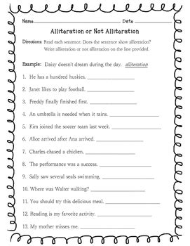 Alliteration Or Not Alliteration Worksheet By Learning Is Lots Of Fun