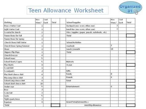 Allowance Chart For Teens Printable