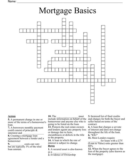 Allowing for modification as a mortgage crossword. The Crossword Solver found 30 answers to "allow for modification as a mortgage", 7 letters crossword clue. The Crossword Solver finds answers to classic crosswords and cryptic crossword puzzles. Enter the length or pattern for better results. Click the answer to find similar crossword clues . Enter a … 