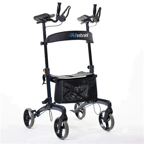 Allvibrant upright walker. The upright standing helps prevent back pain from leaning, center balancing to avoid falls, and adjustable arm wrests to avoid arm and shoulder pain. New Allvibrant Upright Walker with sit and basket all in one. 