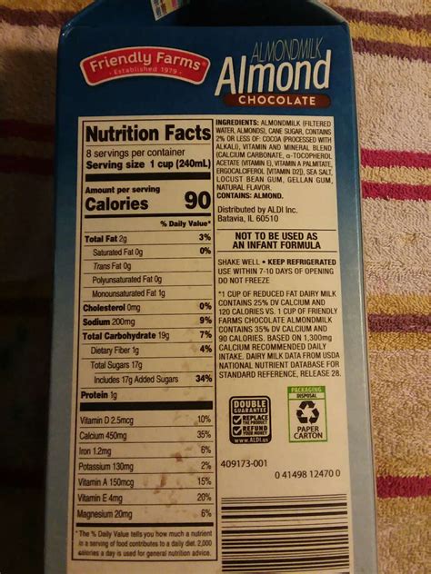 Almond milk nutrition facts 100ml. 4.86g. Protein. 3.39g. There are 52 calories in 100 ml of Milk. Calorie breakdown: 36% fat, 38% carbs, 26% protein. 