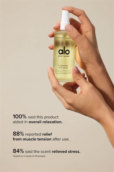 Alo magnesium reset spray. Shop Alo Yoga Magnesium Reset Spray In Default Title from 500+ stores, starting at $29. Similar ones also available. On SALE now! WHAT IT IS From the Alo Beauty and Wellness Collection. A resetting spray including magnesium for direct absorption into the body, plus arnica for sore muscles, valerian to ease tension, … 