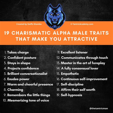 Alpha male traits. Sep 26, 2023 ... 35 Alpha Male Traits You Mustn't Miss · 1. He is strong in one way or the other · 2. He is born to lead and guide · 3. He has the zeal to ... 