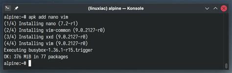 Alpine linux install package. apk, and are often called 