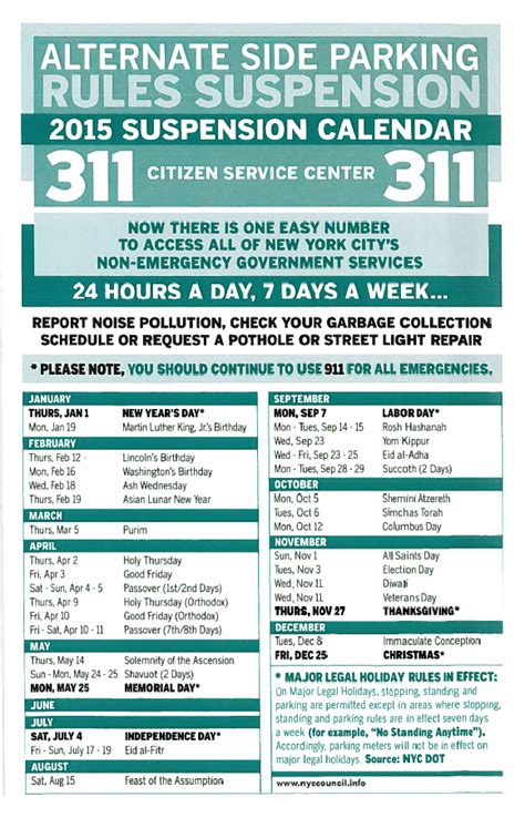 NYC - 2023 Alternate Side Parking Regulations Calendar. HOLIDAY. DATE / DAY. New Year's Eve (2022) Dec. 31, Saturday: New Year's Day: Jan. 1, Sunday 